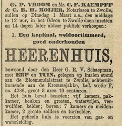 <p>Krantenbericht uit 1898 van de publieke verkoping van het huis aan de Bloemendalstraat (www.delpher.nl). </p>
